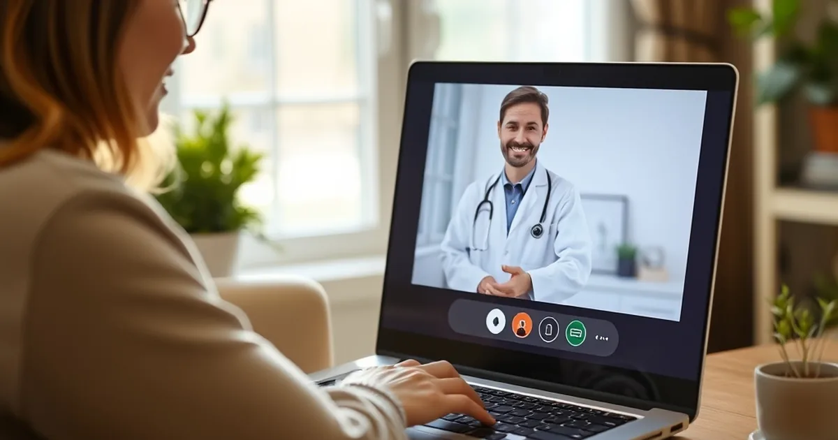 A woman having a video telehealth appointment with a doctor on a laptop at home