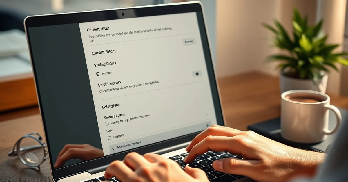 A calm home office scene showing a laptop with content-filter settings open to avoid explicit content