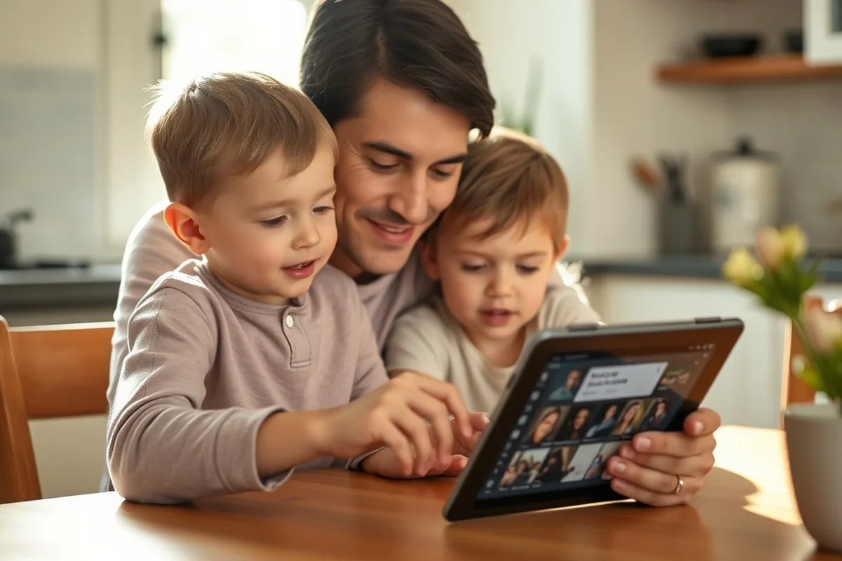 A parent and child setting up content filters to avoid explicit content on a family tablet at a sunlit kitchen